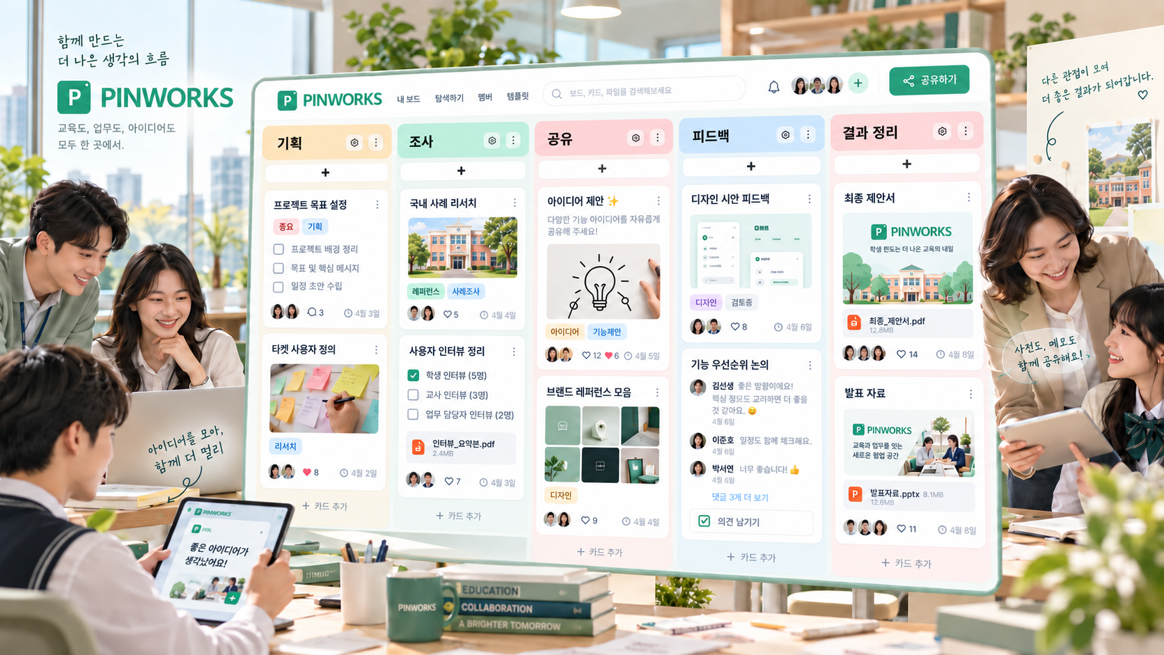 직원과 학생이 Pinworks Lane 보드에서 함께 자료와 의견을 모으는 협업 장면