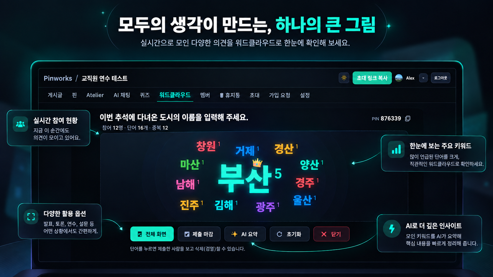 Pinworks 워드클라우드 화면에서 실시간 의견을 한눈에 확인하는 장면
